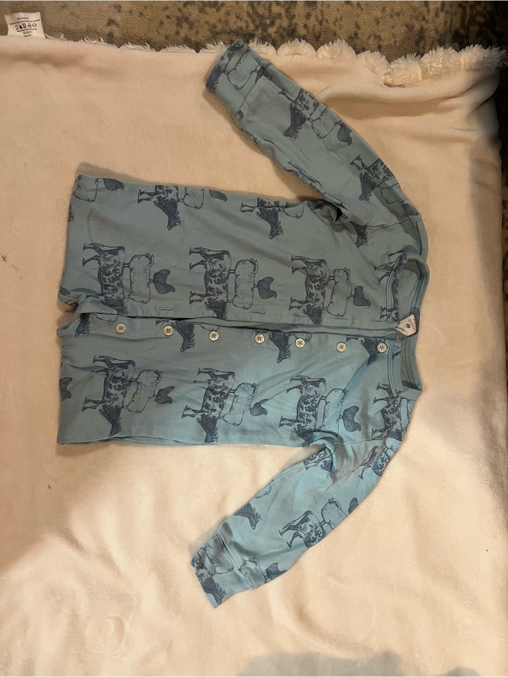 kate quinn Light Blue Button-Front Top with Navy farm animal Print